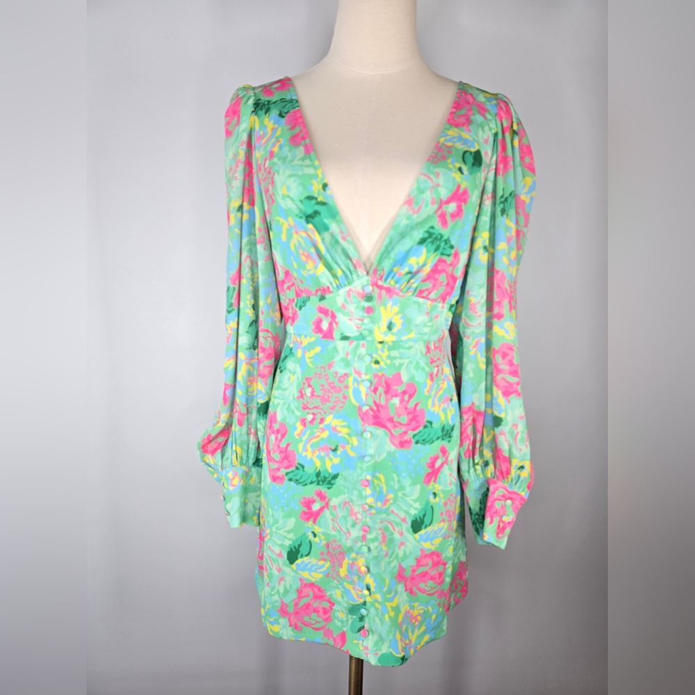 Showpo. Jenelyn Deep V Long Sleeve Mini Dress Abstract Tropical Floral 8 NWT